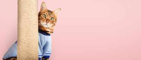 A Bengal cat peeks out from behind a cat scratching post. Cat and scratching post on a pink background. Copy space.の写真素材