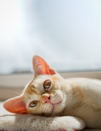 Close-up of the face of a red Burmese kitten. The kitten is resting on a white fluffy blanket. Copy space.の写真素材