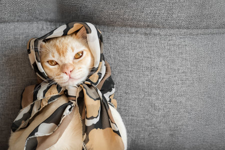 A cream Burmese cat with amber eyes and a headscarf rests on a gray sofa.