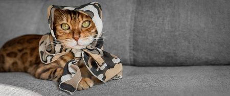 Funny Bengal cat resting on a gray sofa in living room.の写真素材