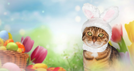 Ginger cat with bunny ears among Easter eggs and spring flowers. Easter background. Copy space.の写真素材