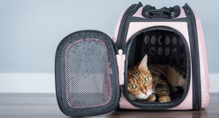 Bengal cat in a comfortable carrier on the floor in a bright room with a blue wall. Minimalistic...