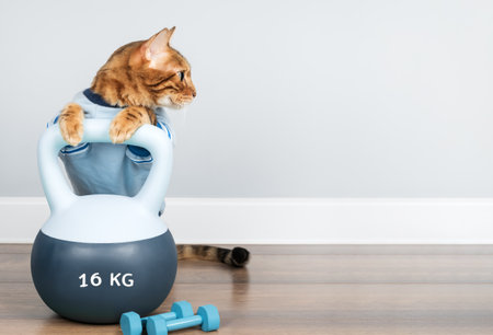 An athletic Bengal cat holds a soft kettlebell in a minimalist room interior. Perfect for fitness and pet lifestyle concepts.の写真素材