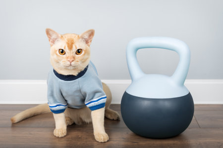 Burmese cat near soft kettlebell in minimalist room interior. Ideal for fitness and pet lifestyle concepts.の写真素材