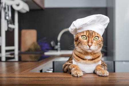 A funny Bengal cat in a chef's hat looks curiously from the kitchen table. Copy space.の写真素材