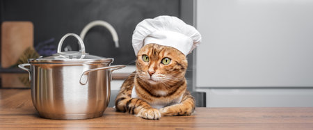 An adorable Bengal cat dressed as a chef sits at a table with a saucepan in the kitchen.の写真素材