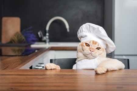 A funny Burmese cat in a chefs hat looks curiously from the kitchen table. Copy space.の写真素材