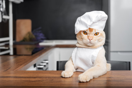 A funny Burmese cat in a chefs hat looks curiously from the kitchen table. Copy space.の写真素材
