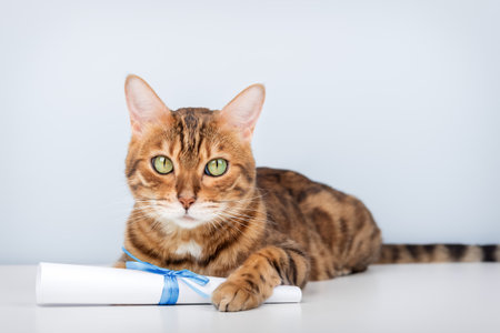 A green-eyed Bengal cat lies on a table, holding a paper scroll tied with a blue ribbon. This playful portrait of a purebred pet against a light background is perfect for ideas about education, success, and graduation.