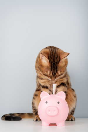 A Bengal cat sits next to a pink piggy bank against a minimalist background with copy space. Conceptual ideas for finance, savings, investments, and personal budgeting.の写真素材
