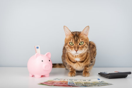 A cat next to a pink piggy bank, money, and a calculator on a minimalist background. Conceptual ideas for finance, savings, investments, and personal budgeting.の写真素材