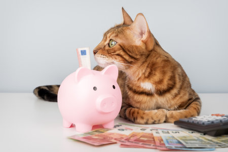 A Bengal cat next to a pink piggy bank, money, and a calculator on a minimalist background. Conceptual ideas for finance, savings, investments, and personal budgeting.の写真素材