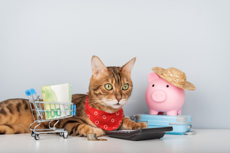 A Bengal cat in a red scarf rests next to a calculator, a mini-trolley full of banknotes, and a piggy bank in a straw hat on a small suitcase. Conceptualizing shopping, budgeting, and vacation savings.の写真素材