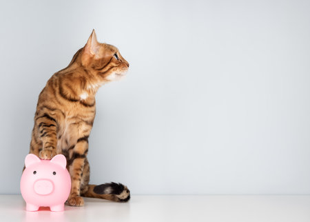 A Bengal cat with a pink piggy bank on a minimalist background with copy-space. Concept of budgeting, savings, and financial literacy.の写真素材