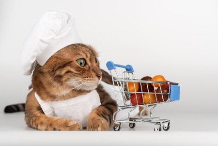 A cat dressed as a chef with a miniature cart and vegetables on a white background. A humorous studio photo with copy space for advertising, culinary, and marketing concepts.の写真素材