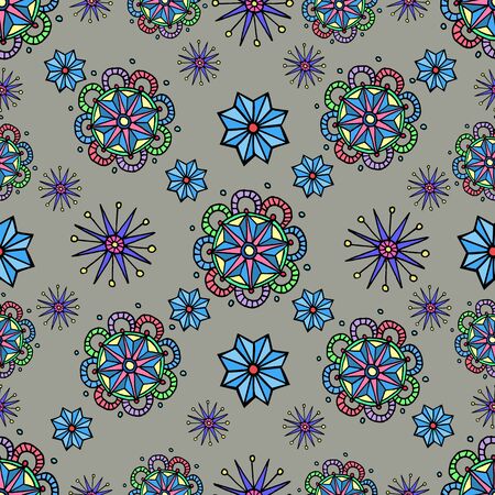 Seamless floral background pattern with abstract colorful flowersand stars on the grey backgroundのイラスト素材