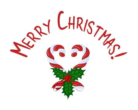 Card greetings with holiday Merry Christmas. Beautiful,colorful,striped, twisted spiral candy canes and red berries of holly with green leaves and red ribbons on white background. Sketch styleのイラスト素材