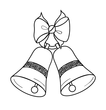 Symbol Christmas holiday. Two Christmas bells with decorative ornament on the ring and bow. Line art in black color on the white background. Sketch styleのイラスト素材