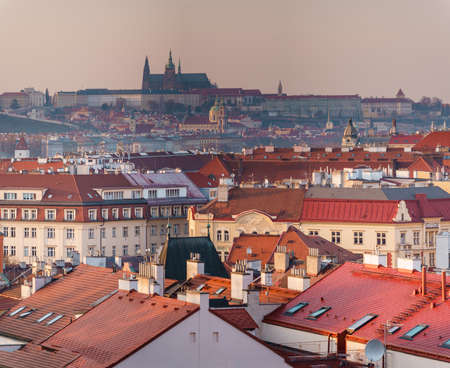 panoramic view of the city of Prague and the sights of Prague Castle and the Church of St. Vitus at sunset, 2021のeditorial素材