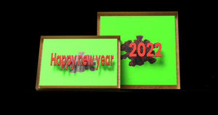 3D illustration of a wooden picture frame with green paper and the inscription happy new year 2022...