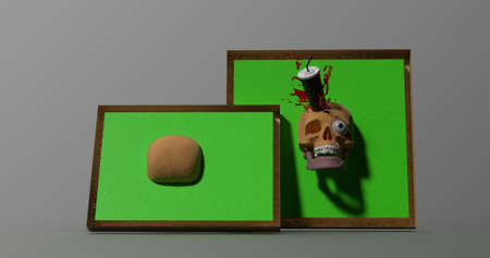 3D illustration of a wooden picture frame with green paper and a protruding human skull from a...