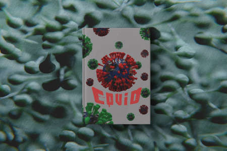 3d illustration of book with virus inscription and logo on color textureの写真素材
