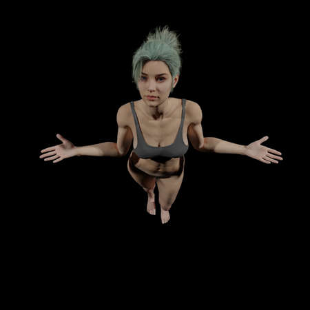 adult young woman, dressed fashion model in lingerie with green hair, posing in studio under light, 3D illustrationの写真素材