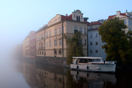 Boat on the Vltava river in Prague, Czech Republicの写真素材