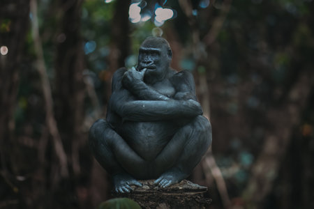 Gorilla sitting on a tree trunk in the rainforest.の写真素材