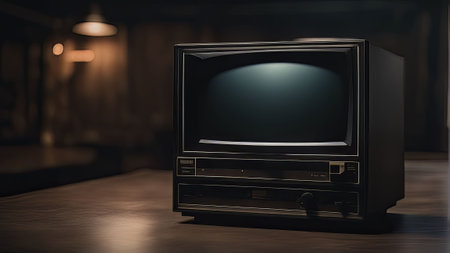 illustration of an old retro television in a dimly lit room. The television is the focal point,...