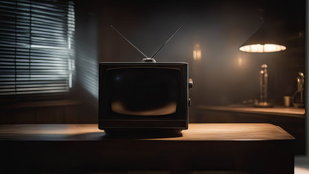 illustration of an old retro television in a dimly lit room. The television is the focal point, casting a warm glow in the otherwise dark spaceの写真素材