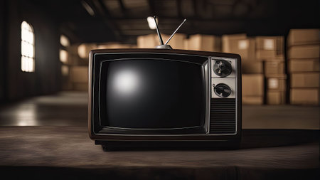 illustration of an old retro television in a dimly lit room. The television is the focal point, casting a warm glow in the otherwise dark spaceの写真素材