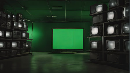 illustration of a dark and illuminated room full of old CRT televisions with green screens. The room is filled with the glow of the screens, creating an eerie atmosphere.の写真素材