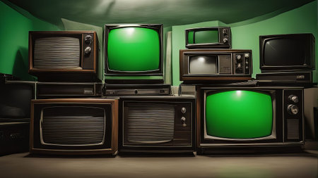 illustration of a dark and illuminated room full of old CRT televisions with green screens. The room is filled with the glow of the screens, creating an eerie atmosphere.の写真素材