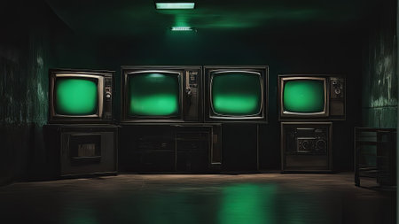 illustration of a dark and illuminated room full of old CRT televisions with green screens. The room is filled with the glow of the screens, creating an eerie atmosphere.の写真素材
