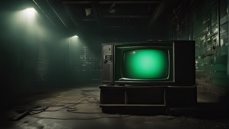 illustration of a dark and illuminated room full of old CRT televisions with green screens. The room is filled with the glow of the screens, creating an eerie atmosphere.の写真素材