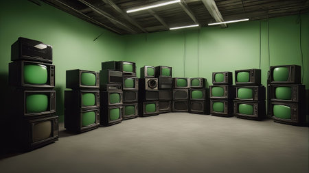 illustration of a dark and illuminated room full of old CRT televisions with green screens. The room is filled with the glow of the screens, creating an eerie atmosphere.の素材 [FY310210818140]