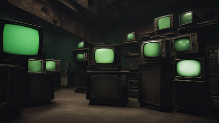 illustration of a dark and illuminated room full of old CRT televisions with green screens. The room is filled with the glow of the screens, creating an eerie atmosphere.の写真素材