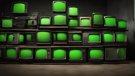 illustration of a dark and illuminated room full of old CRT televisions with green screens. The room is filled with the glow of the screens, creating an eerie atmosphere.の写真素材