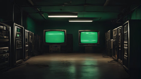 illustration of a dark and illuminated room full of old CRT televisions with green screens. The room is filled with the glow of the screens, creating an eerie atmosphere.の写真素材