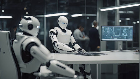 A futuristic illustration of a robot with artificial intelligence. The robot is sleek and advanced,...