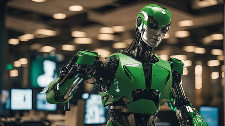 A futuristic illustration of a robot with artificial intelligence. The robot is sleek and advanced, with glowing eyes and a powerful presenceの写真素材