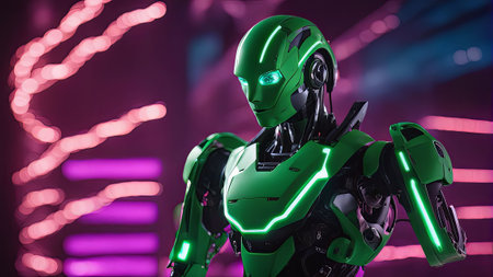 A futuristic illustration of a robot with artificial intelligence. The robot is sleek and advanced, with glowing eyes and a powerful presenceの写真素材