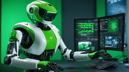 A futuristic illustration of a robot with artificial intelligence. The robot is sleek and advanced,...