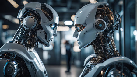 A futuristic illustration of a robot with artificial intelligence. The robot is sleek and advanced, with glowing eyes and a powerful presenceの写真素材
