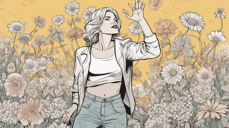 Woman with arms raised in front of flowersの素材