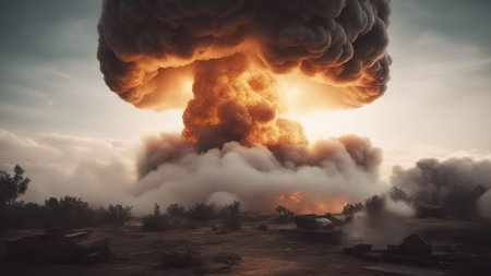 Atomic explosion with billowing smoke and flame