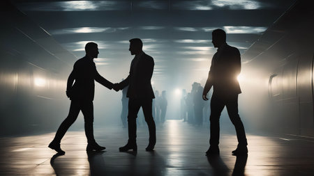 Business people shaking hands in the hallway of a modern office building.