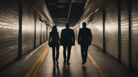 Silhouettes of figures at the tunnel's endの写真素材