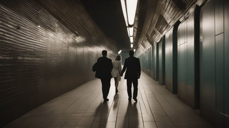 Silhouettes of figures at the tunnel's endの写真素材